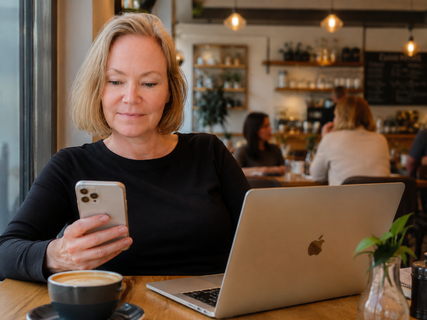 Nina Kolari working at a cafe with laptop and phone